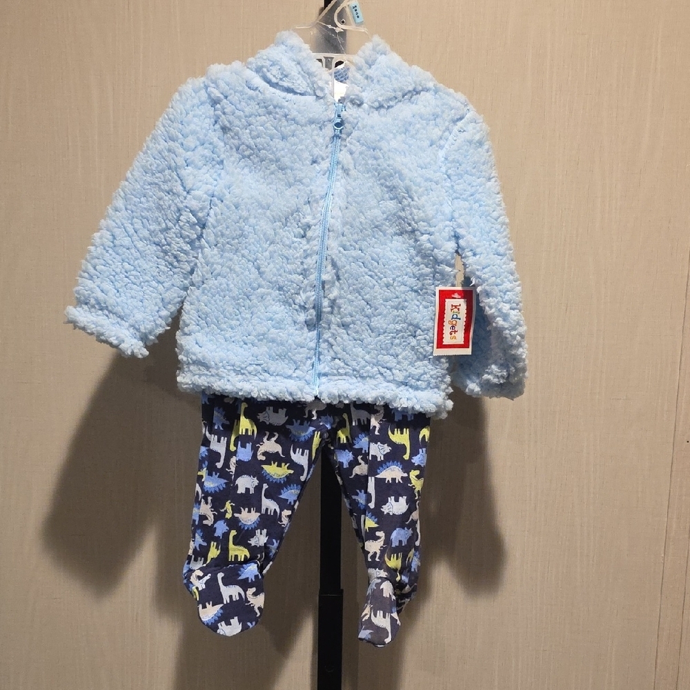 (J7) Cozy Blue Fleece Jacket with Dinosaur Pants And Hoodie Sweater Sz 3-6 Month
